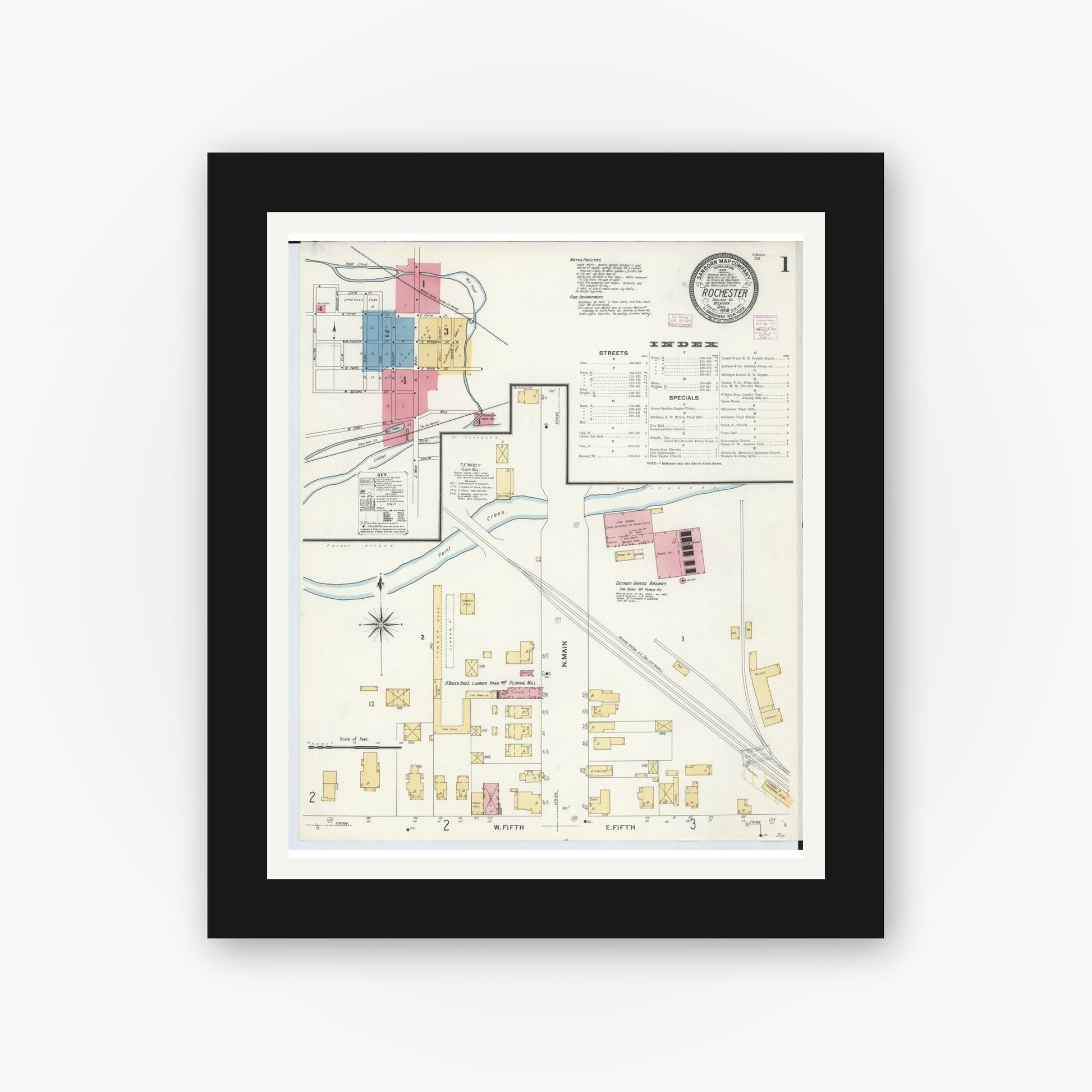 Old map wall art mockup — black gallery frame with white mat — Sanborn Fire Insurance Map from Rochester, Oakland County, Michigan (1908) - Complete Map Set