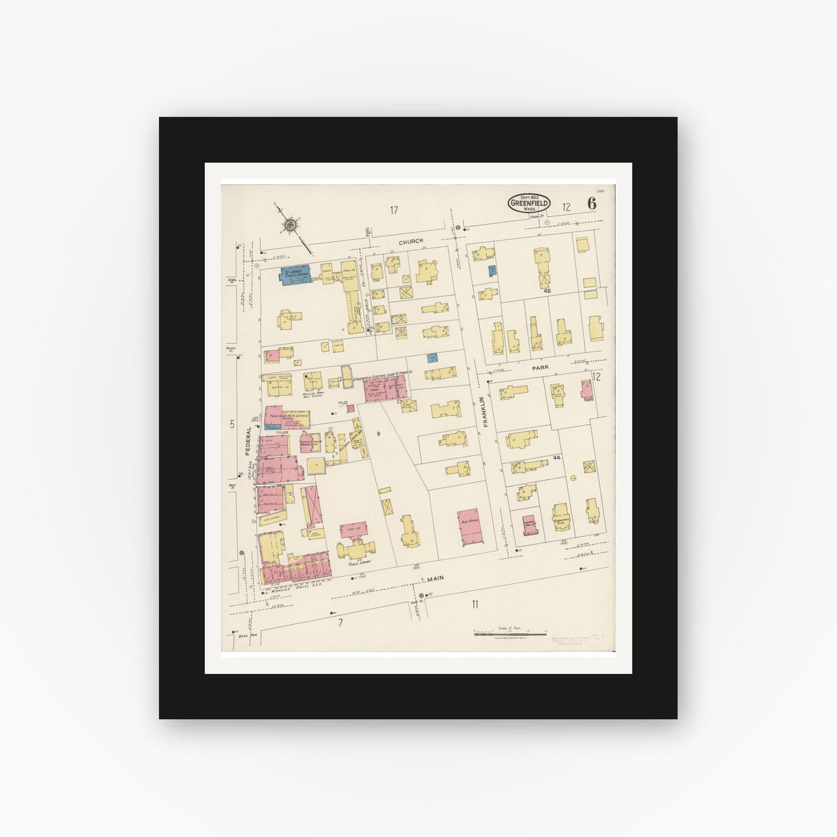 Old map wall art mockup — black gallery frame with white mat — Sanborn Fire Insurance Map from Greenfield, Franklin County, Massachusetts (1922), Sheet #0006