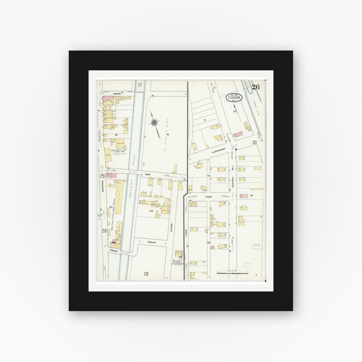 Old map wall art mockup — black gallery frame with white mat — Sanborn Fire Insurance Map from Cohoes, Albany County, New York (1910), Sheet #0026
