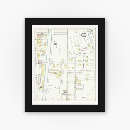 Old map wall art mockup — black gallery frame with white mat — Sanborn Fire Insurance Map from Cohoes, Albany County, New York (1910), Sheet #0026