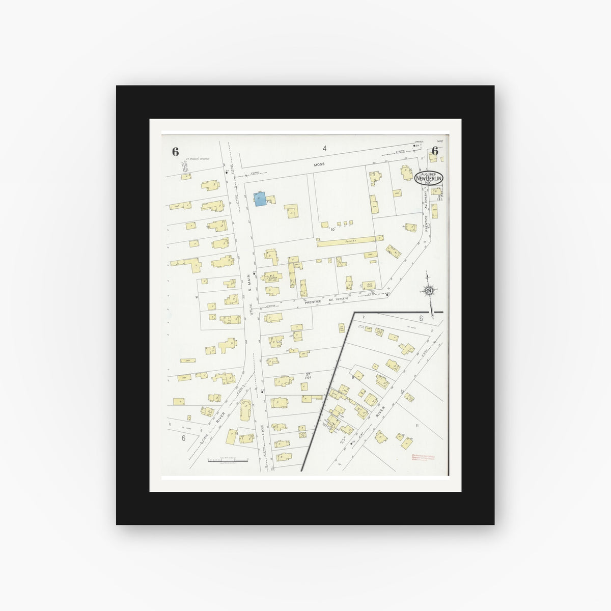 Old map wall art mockup — black gallery frame with white mat — Sanborn Fire Insurance Map from New Berlin, Chenango County, New York (1929), Sheet #0006