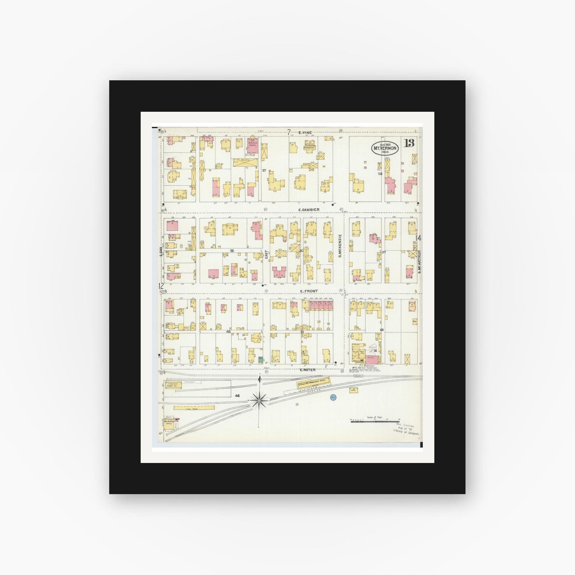 Old map wall art mockup — black gallery frame with white mat — Sanborn Fire Insurance Map from Mount Vernon, Knox County, Ohio (1903), Sheet #0013