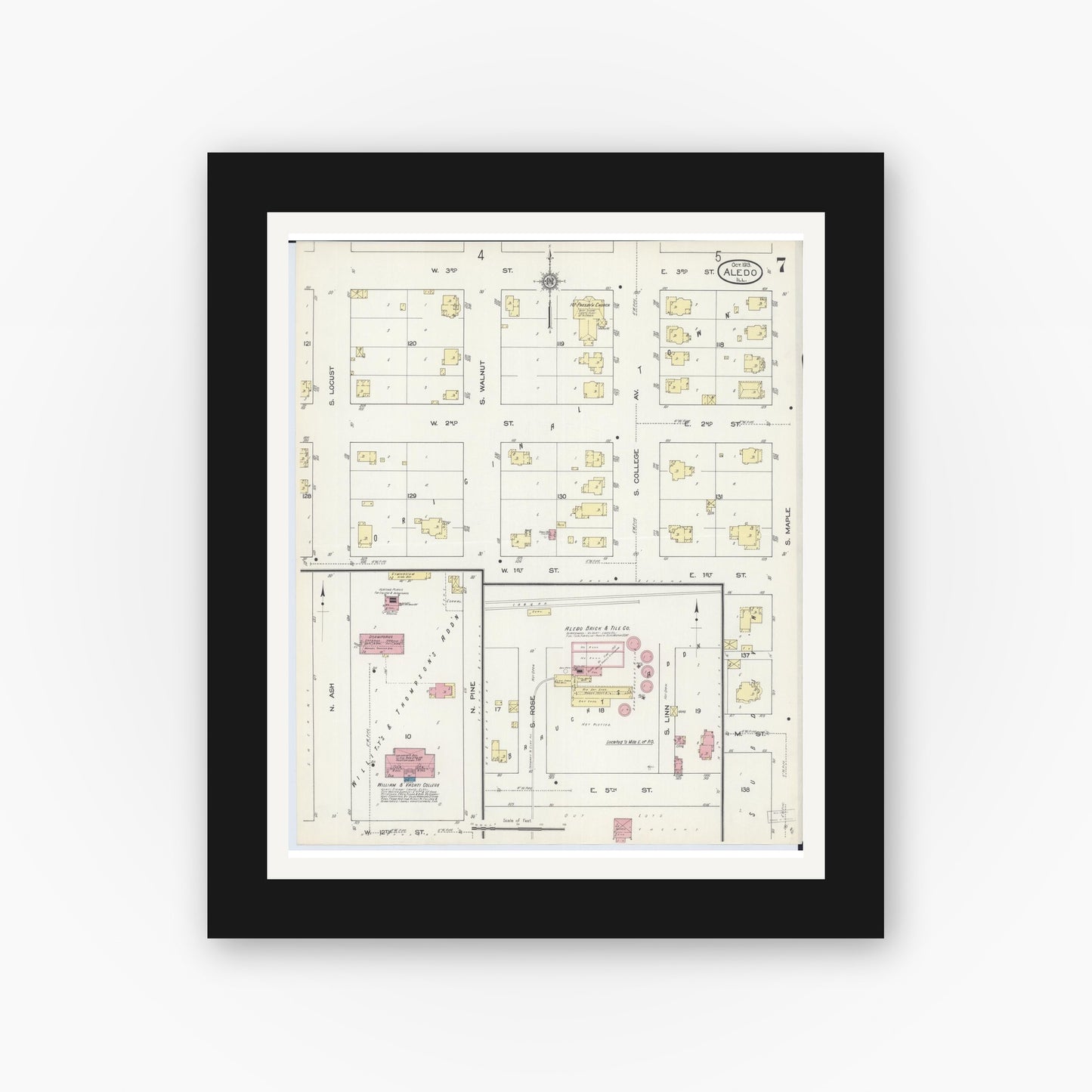 Old map wall art mockup — black gallery frame with white mat — Sanborn Fire Insurance Map from Aledo, Mercer County, Illinois (1913), Sheet #0007