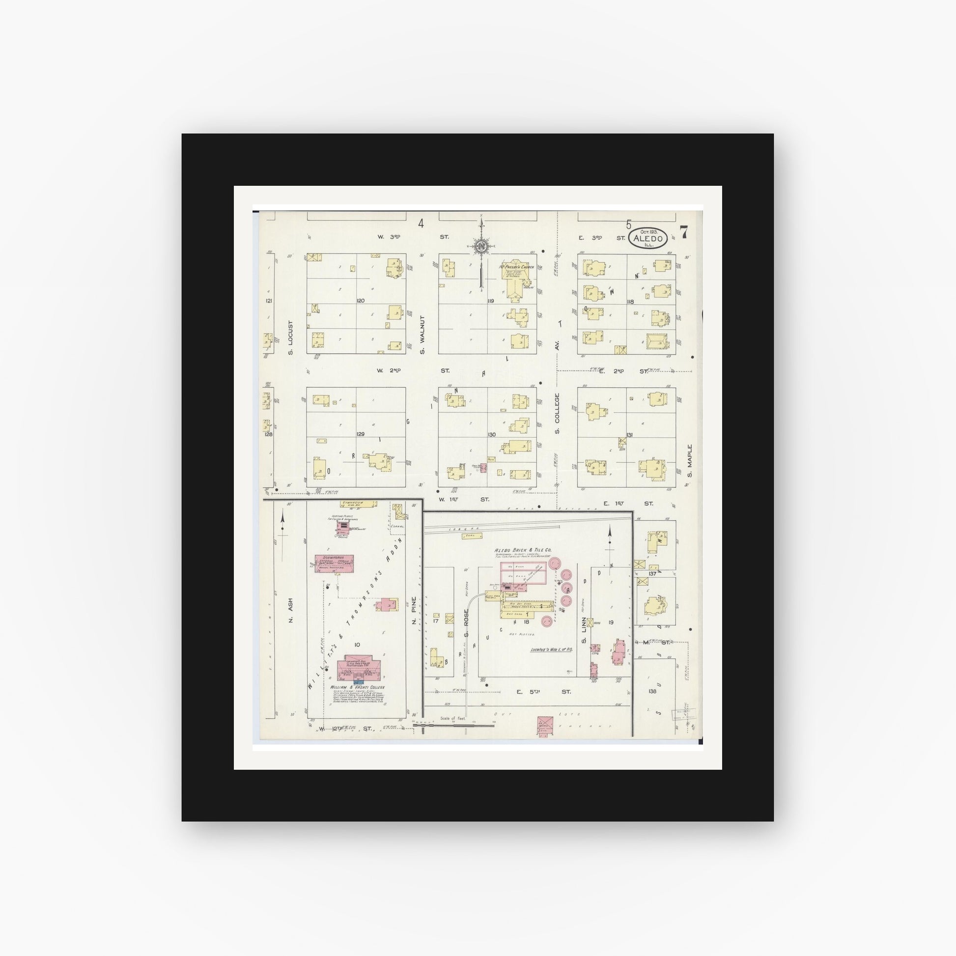 Old map wall art mockup — black gallery frame with white mat — Sanborn Fire Insurance Map from Aledo, Mercer County, Illinois (1913), Sheet #0007
