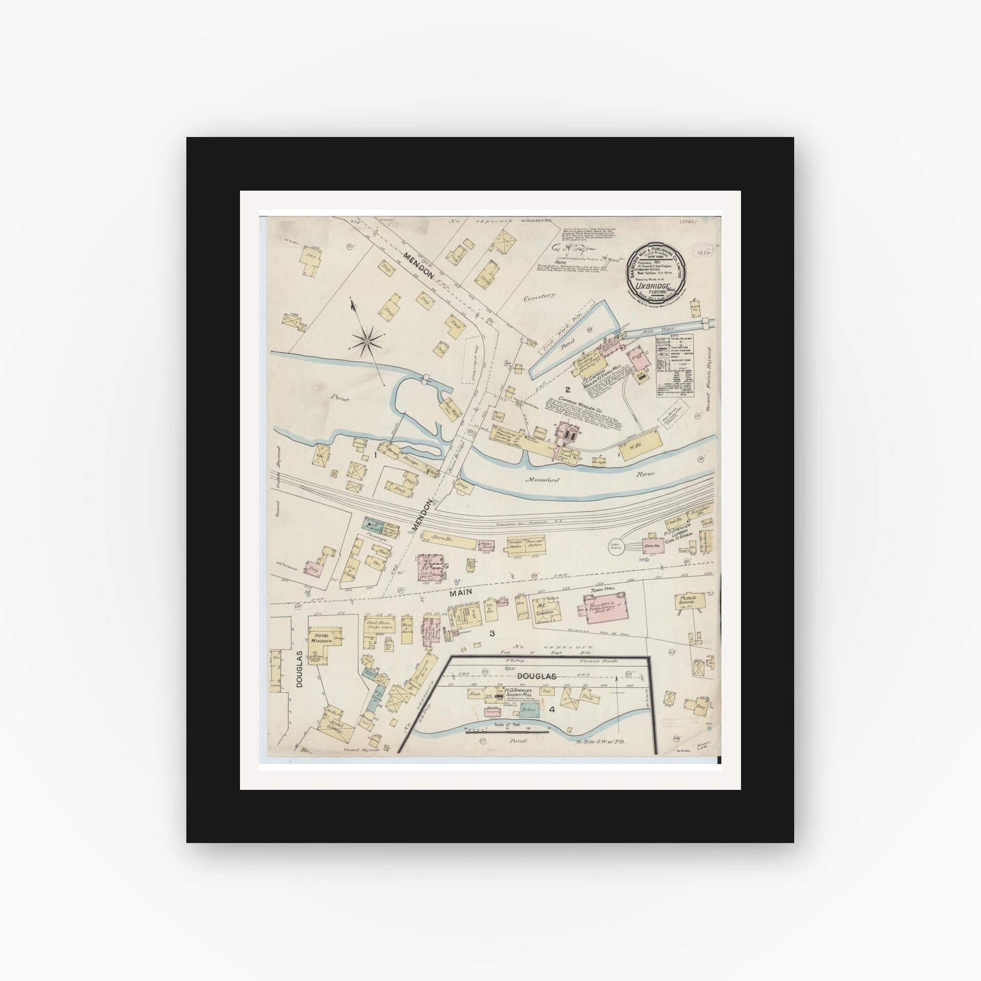 Old map wall art mockup — black gallery frame with white mat — Sanborn Fire Insurance Map from Uxbridge, Worcester County, Massachusetts (1888), Sheet #0001
