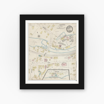 Old map wall art mockup — black gallery frame with white mat — Sanborn Fire Insurance Map from Uxbridge, Worcester County, Massachusetts (1888), Sheet #0001