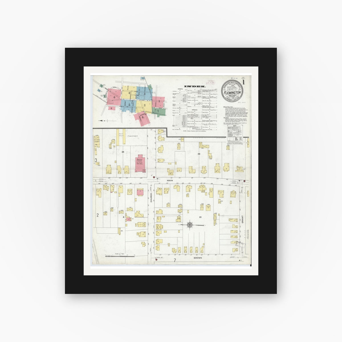 Old map wall art mockup — black gallery frame with white mat — Sanborn Fire Insurance Map from Flemington, Hunterdon County, New Jersey (1910) - Complete Map Set