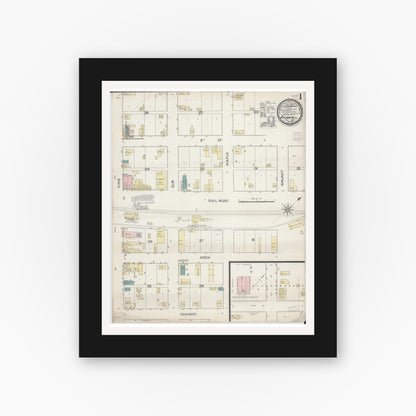 Old map wall art mockup — black gallery frame with white mat — Sanborn Fire Insurance Map from Atlanta, Logan County, Illinois (1887), Sheet #0001