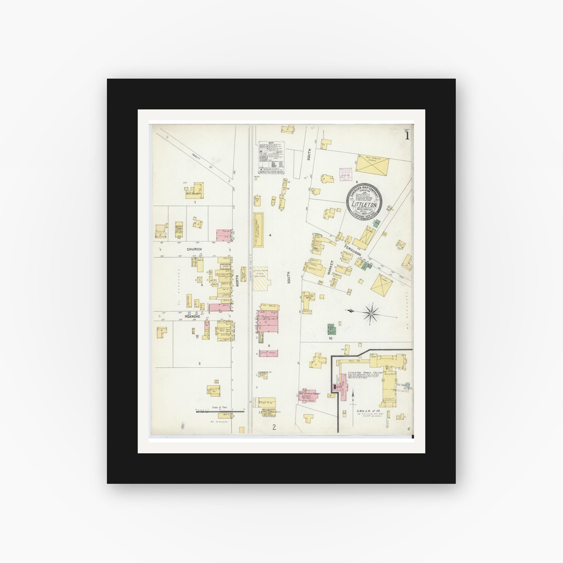 Old map wall art mockup — black gallery frame with white mat — Sanborn Fire Insurance Map from Littleton, Halifax And Warren County, North Carolina (1907) - Complete Map Set