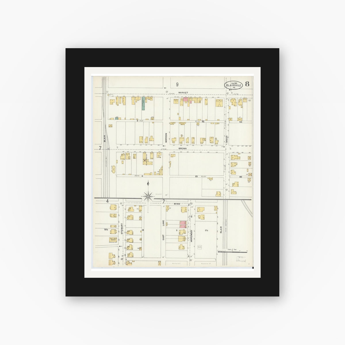 Old map wall art mockup — black gallery frame with white mat — Sanborn Fire Insurance Map from Blairsville, Indiana County, Pennsylvania (1903), Sheet #0008