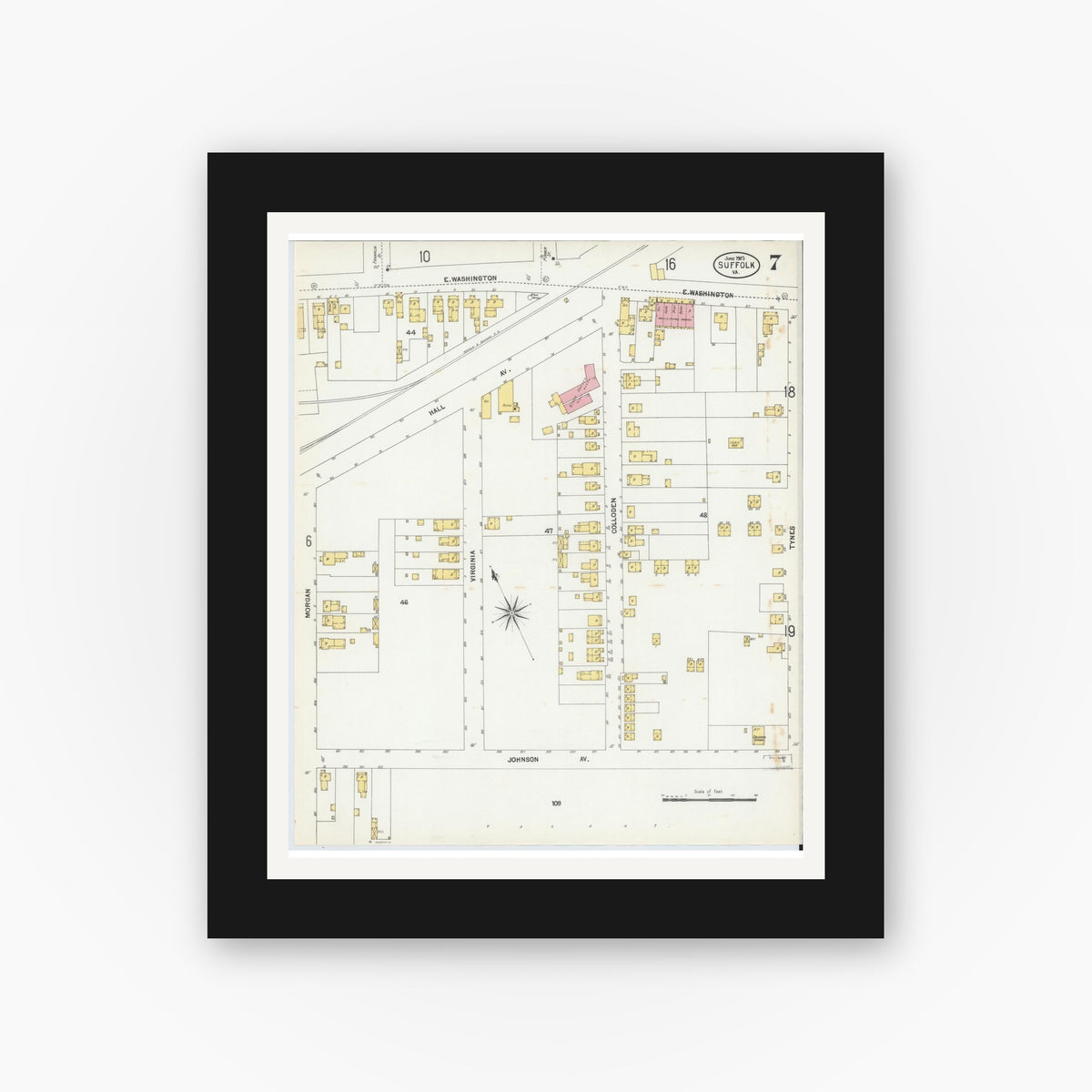 Old map wall art mockup — black gallery frame with white mat — Sanborn Fire Insurance Map from Suffolk, Independent Cities, Virginia (1903), Sheet #0007