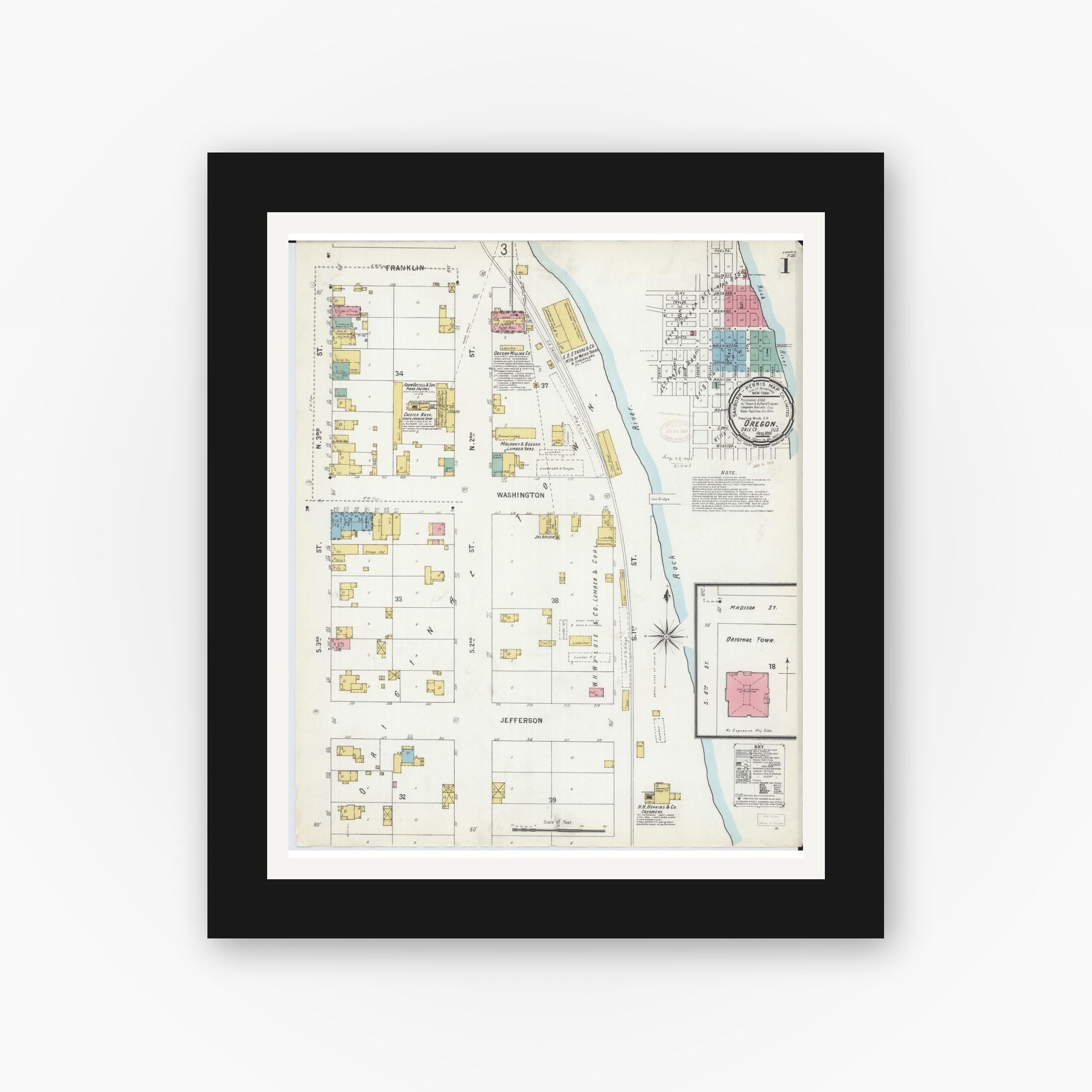 Old map wall art mockup — black gallery frame with white mat — Sanborn Fire Insurance Map from Oregon, Ogle County, Illinois (1899), Sheet #0001