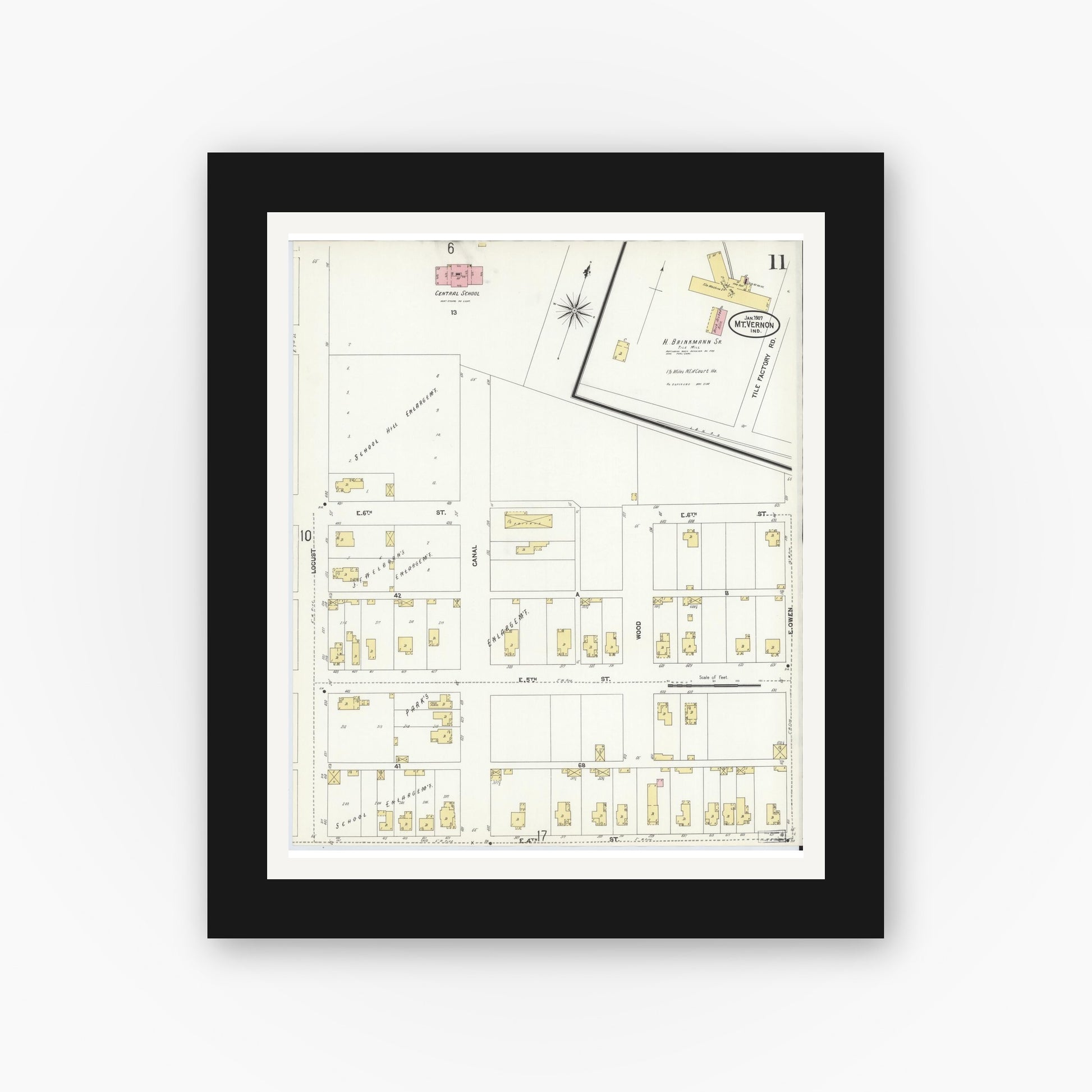 Old map wall art mockup — black gallery frame with white mat — Sanborn Fire Insurance Map from Mount Vernon, Posey County, Indiana (1907), Sheet #0011