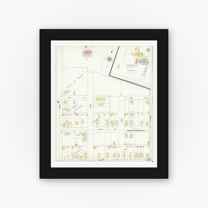 Old map wall art mockup — black gallery frame with white mat — Sanborn Fire Insurance Map from Mount Vernon, Posey County, Indiana (1907), Sheet #0011