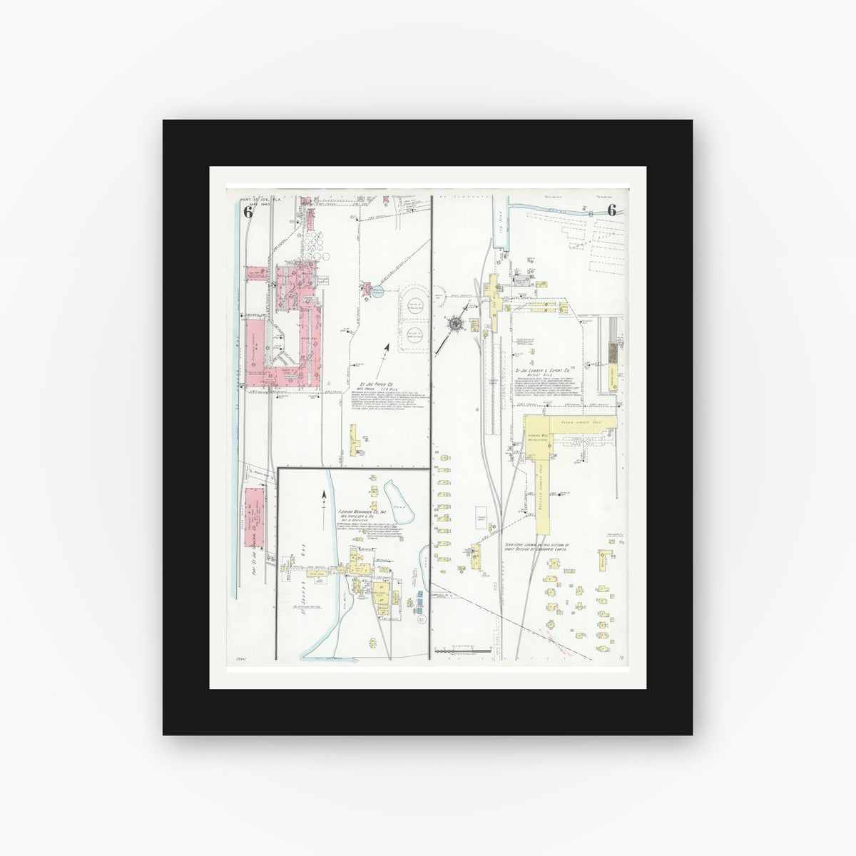Old map wall art mockup — black gallery frame with white mat — Sanborn Fire Insurance Map from Port Saint Joe, Gulf County, Florida (1940), Sheet #0006