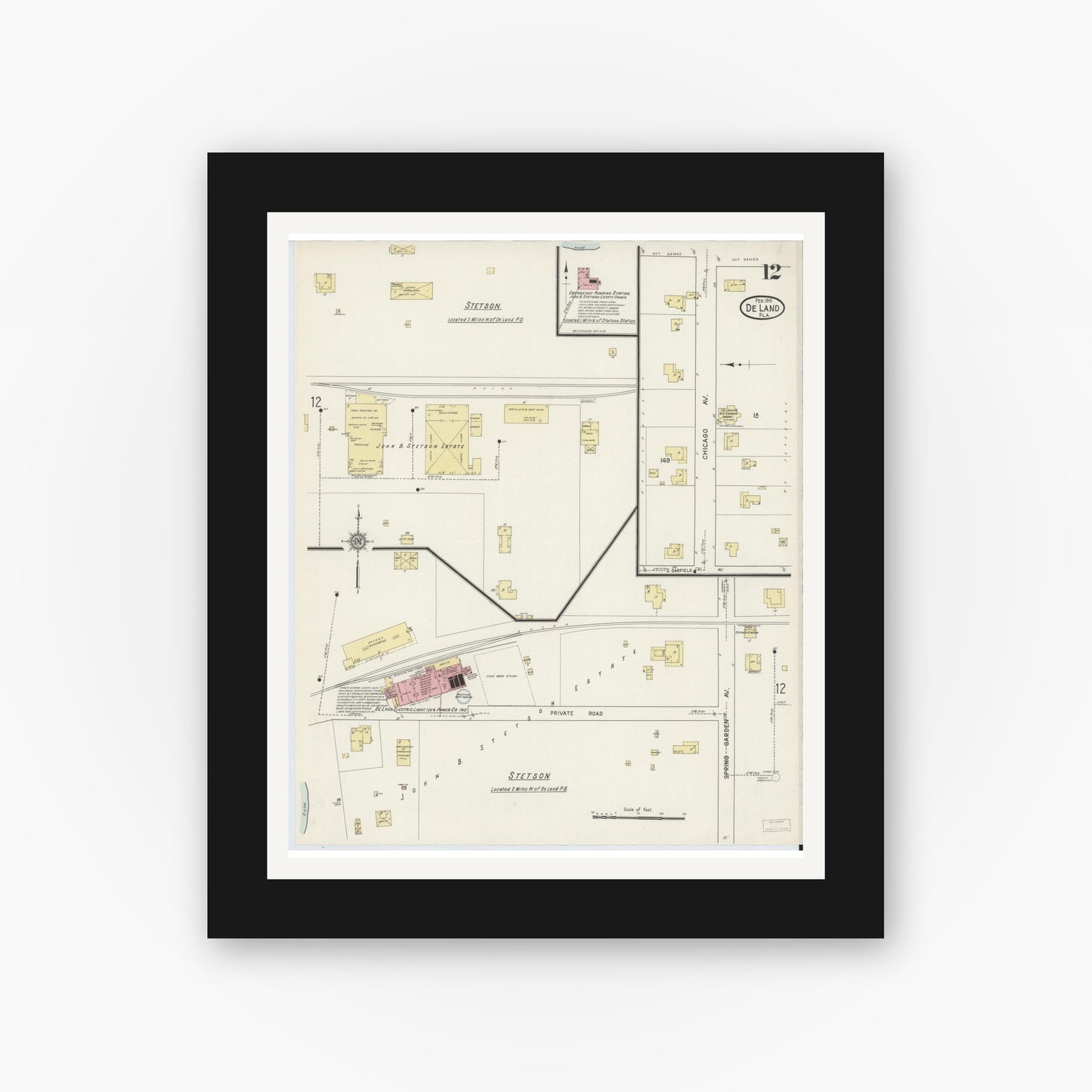 Old map wall art mockup — black gallery frame with white mat — Sanborn Fire Insurance Map from De Land, Volusia County, Florida (1915), Sheet #0012