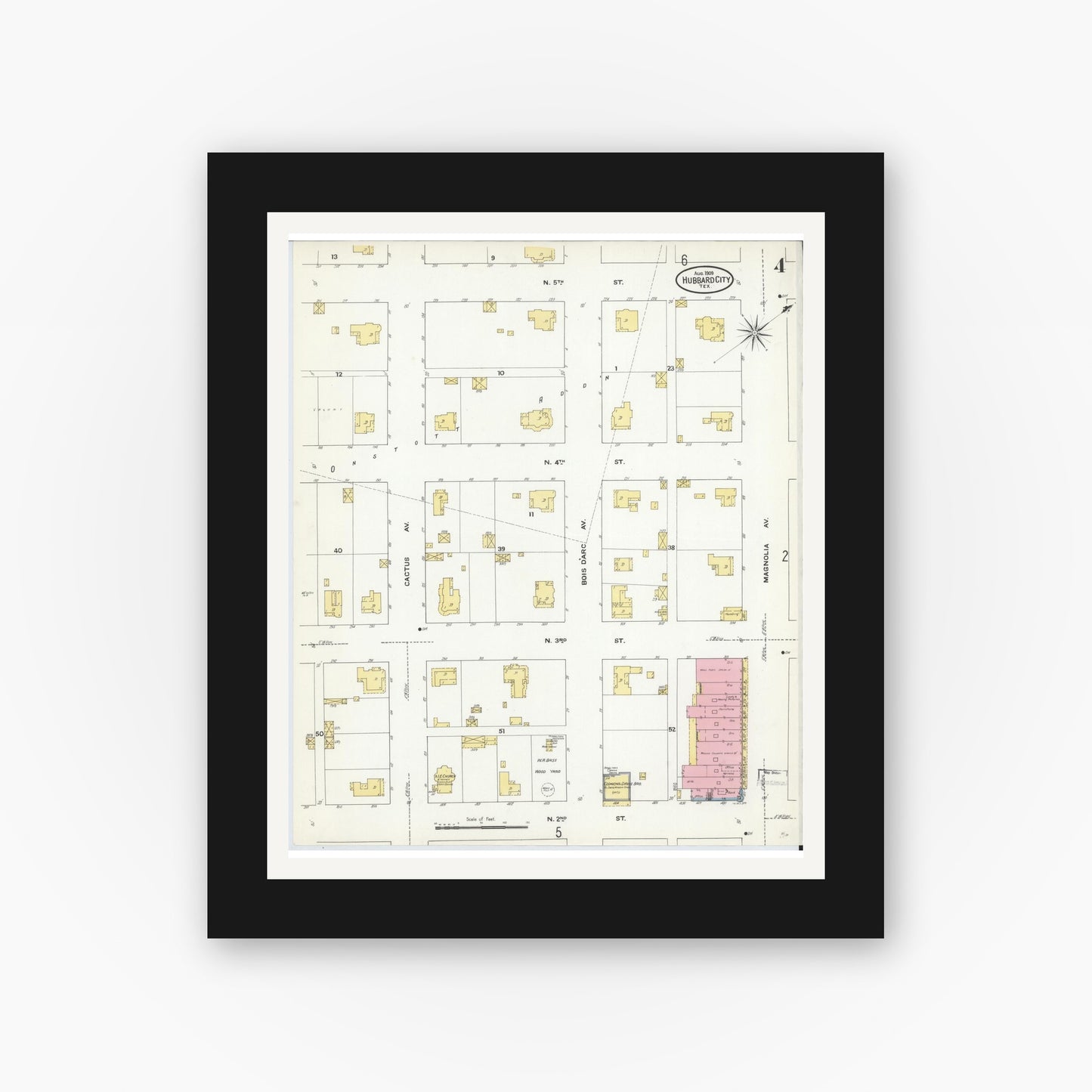 Old map wall art mockup — black gallery frame with white mat — Sanborn Fire Insurance Map from Hubbard, Hill County, Texas (1909), Sheet #0004