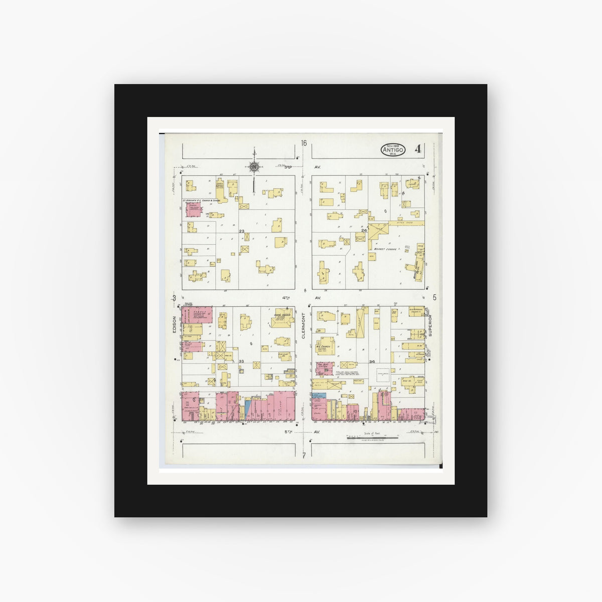 Old map wall art mockup — black gallery frame with white mat — Sanborn Fire Insurance Map from Antigo, Langlade County, Wisconsin (1919), Sheet #0004
