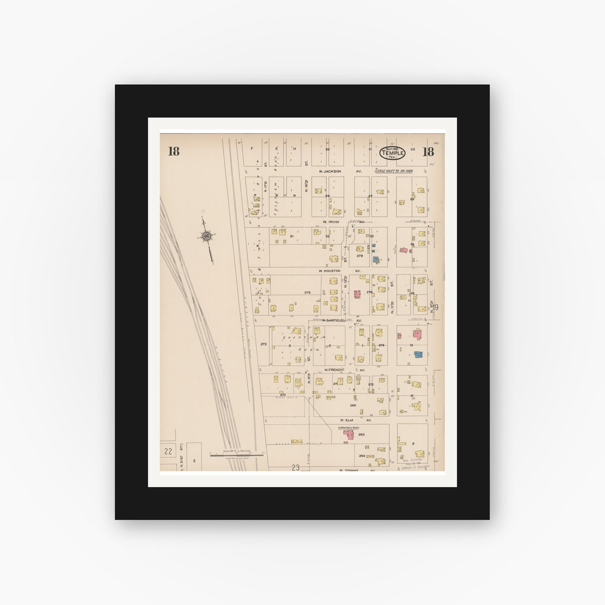 Old map wall art mockup — black gallery frame with white mat — Sanborn Fire Insurance Map from Temple, Bell County, Texas (1922), Sheet #0018