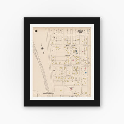Old map wall art mockup — black gallery frame with white mat — Sanborn Fire Insurance Map from Temple, Bell County, Texas (1922), Sheet #0018