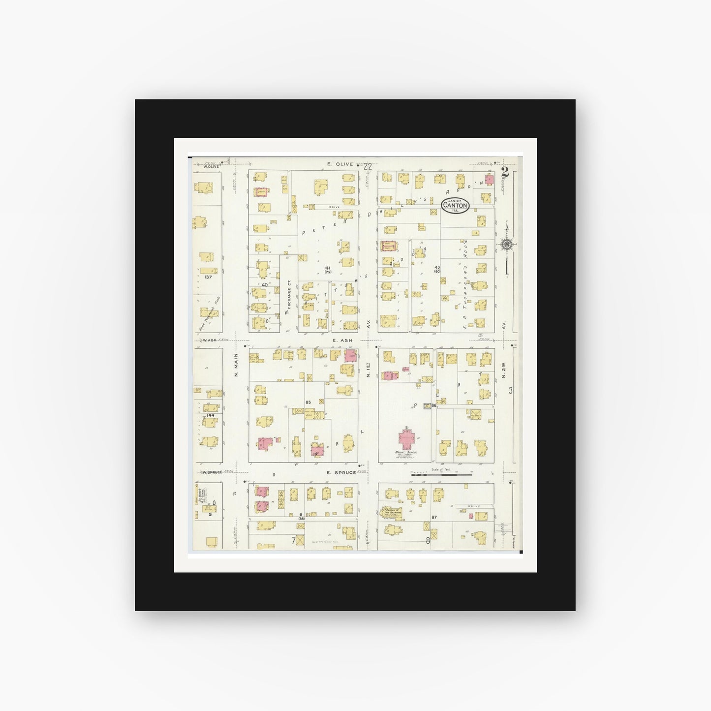 Old map wall art mockup — black gallery frame with white mat — Sanborn Fire Insurance Map from Canton, Fulton County, Illinois (1917), Sheet #0002