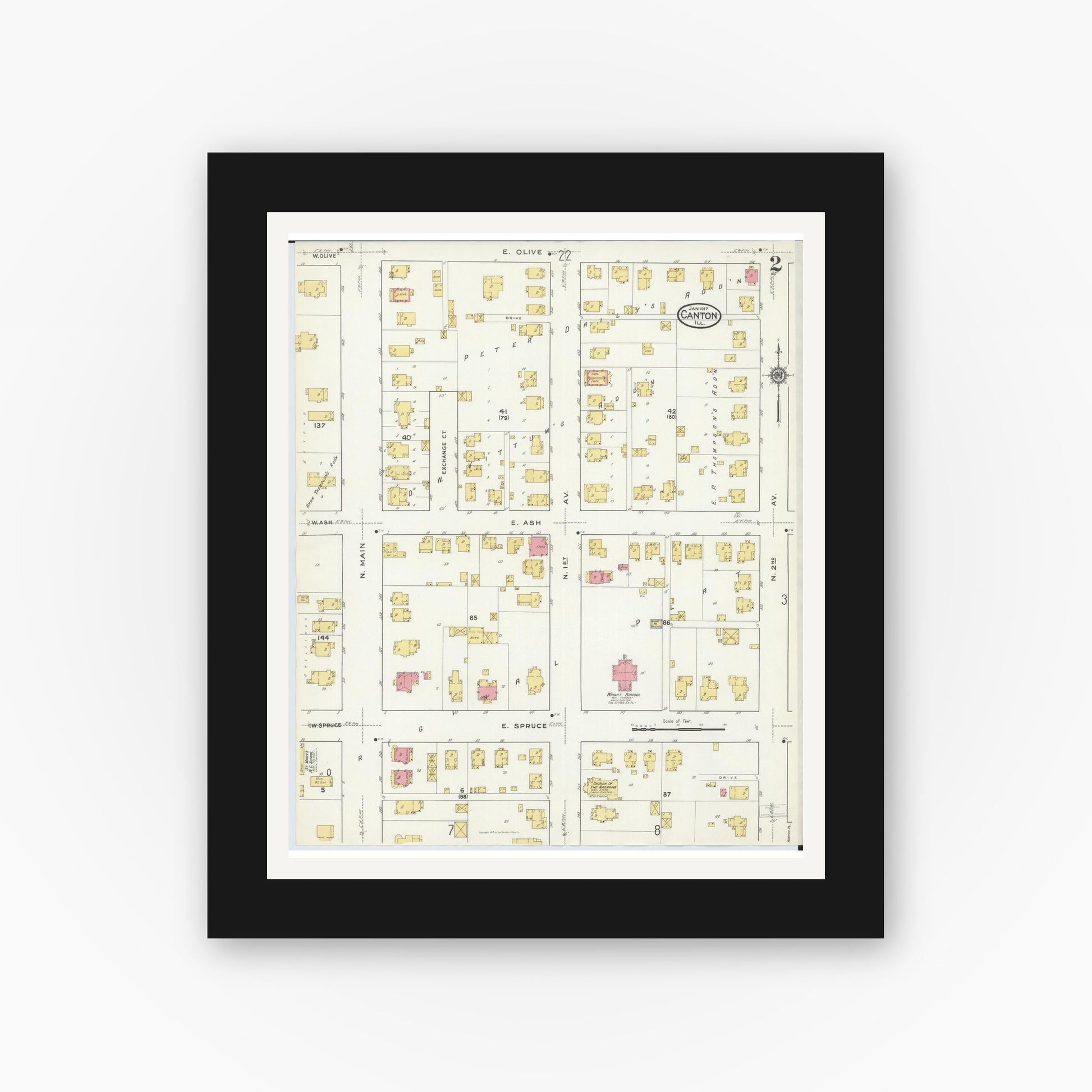 Old map wall art mockup — black gallery frame with white mat — Sanborn Fire Insurance Map from Canton, Fulton County, Illinois (1917), Sheet #0002