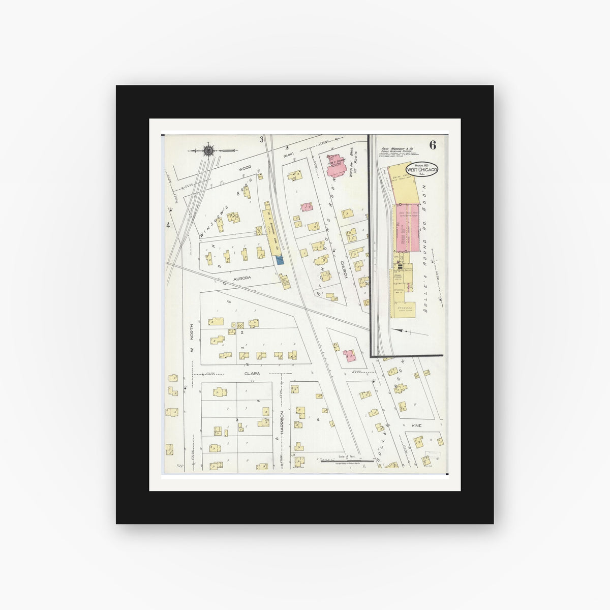 Old map wall art mockup — black gallery frame with white mat — Sanborn Fire Insurance Map from West Chicago, Du Page County, Illinois (1923), Sheet #0006