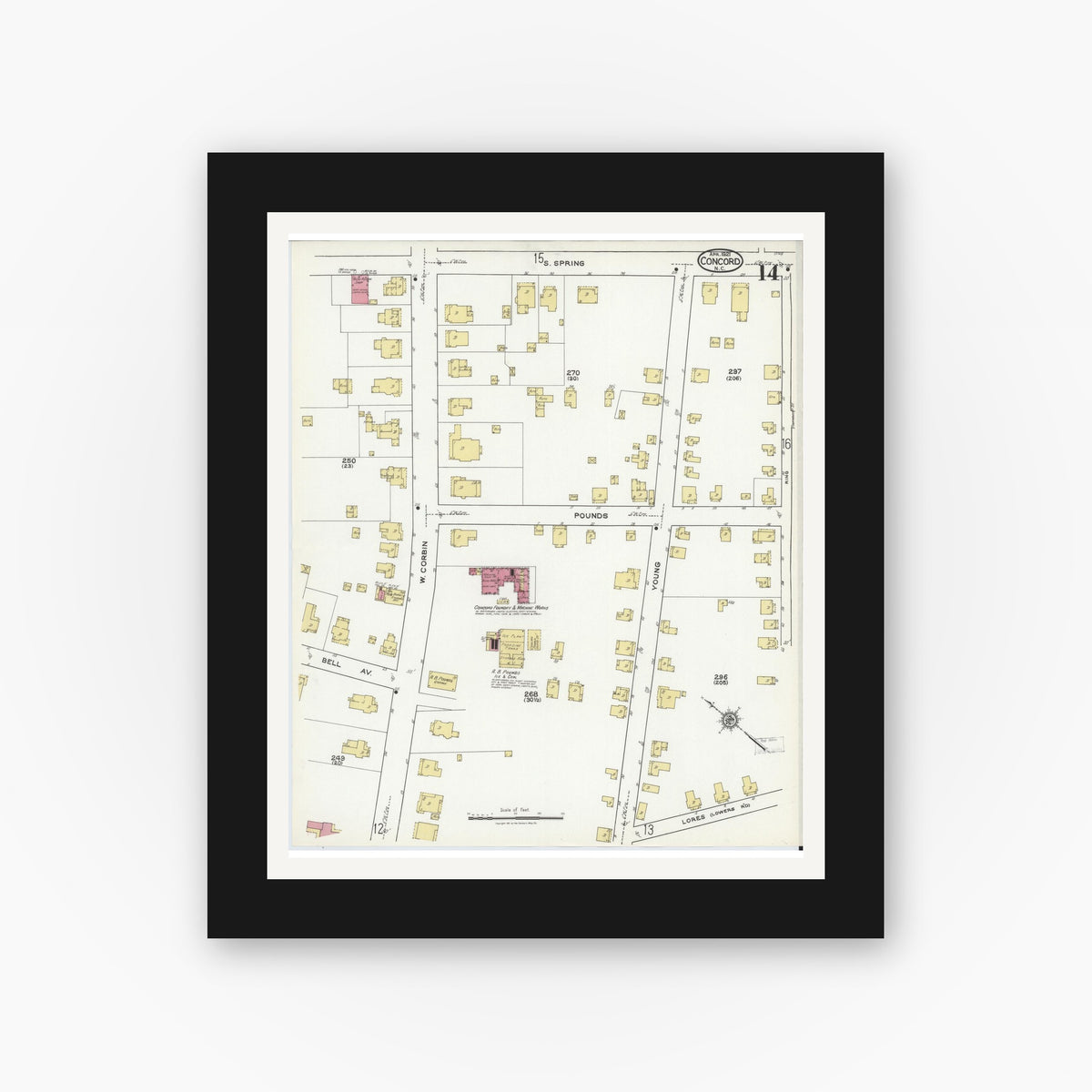 Old map wall art mockup — black gallery frame with white mat — Sanborn Fire Insurance Map from Concord, Cabarrus County, North Carolina (1921), Sheet #0014