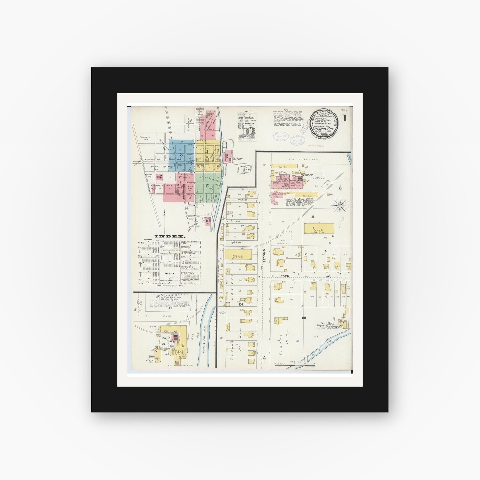 Old map wall art mockup — black gallery frame with white mat — Sanborn Fire Insurance Map from Tipp City, Miami County, Ohio (1898) - Complete Map Set