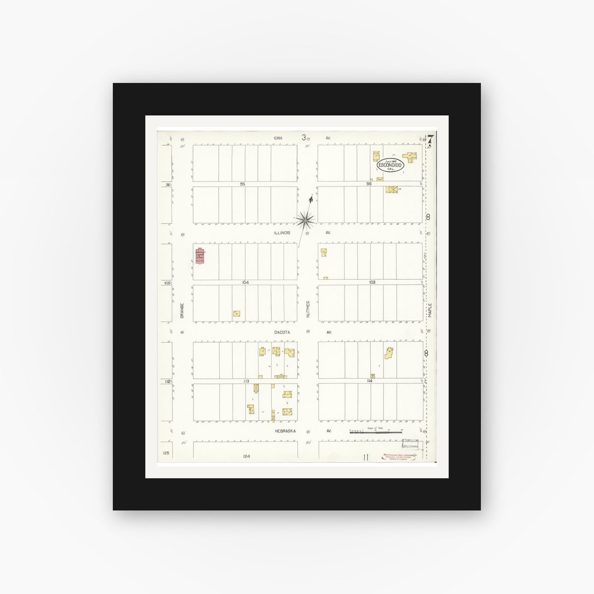 Old map wall art mockup — black gallery frame with white mat — Sanborn Fire Insurance Map from Escondido, San Diego County, California (1907), Sheet #0007