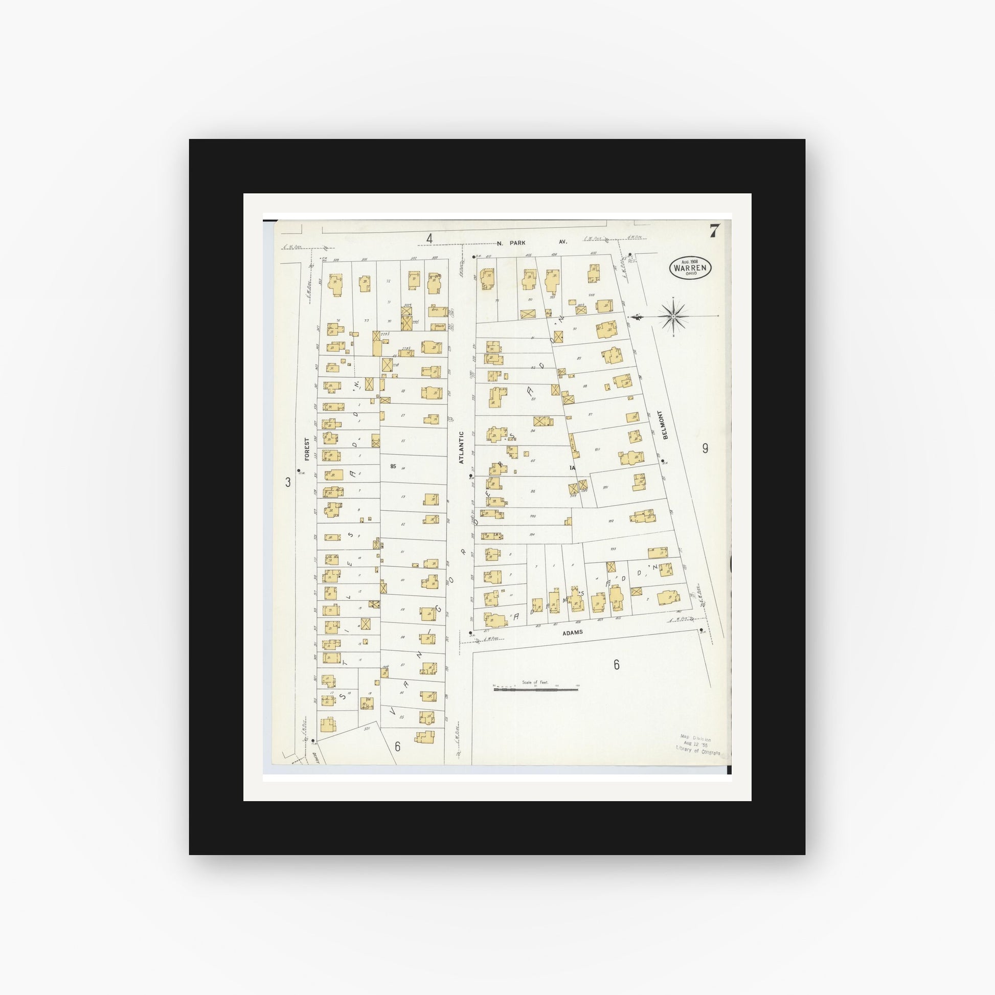 Old map wall art mockup — black gallery frame with white mat — Sanborn Fire Insurance Map from Warren, Trumbull County, Ohio (1908), Sheet #0007