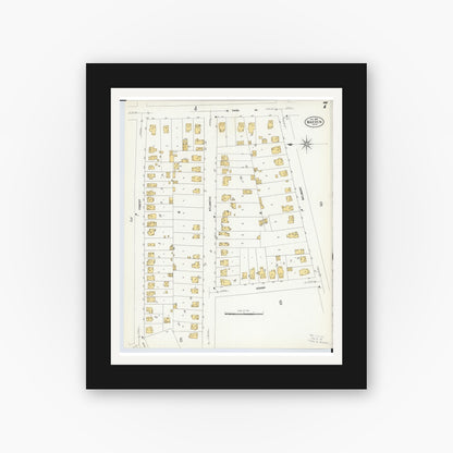 Old map wall art mockup — black gallery frame with white mat — Sanborn Fire Insurance Map from Warren, Trumbull County, Ohio (1908), Sheet #0007