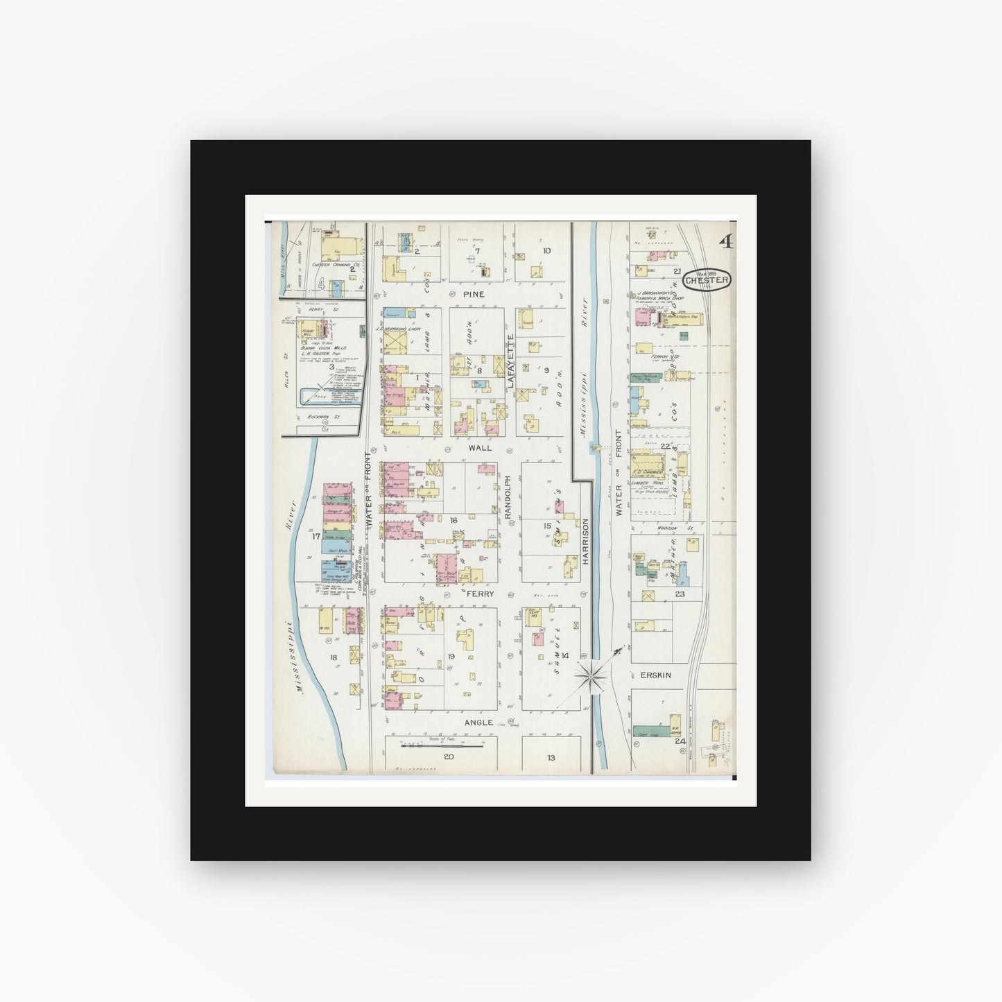 Old map wall art mockup — black gallery frame with white mat — Sanborn Fire Insurance Map from Chester, Randolph County, Illinois (1886), Sheet #0004