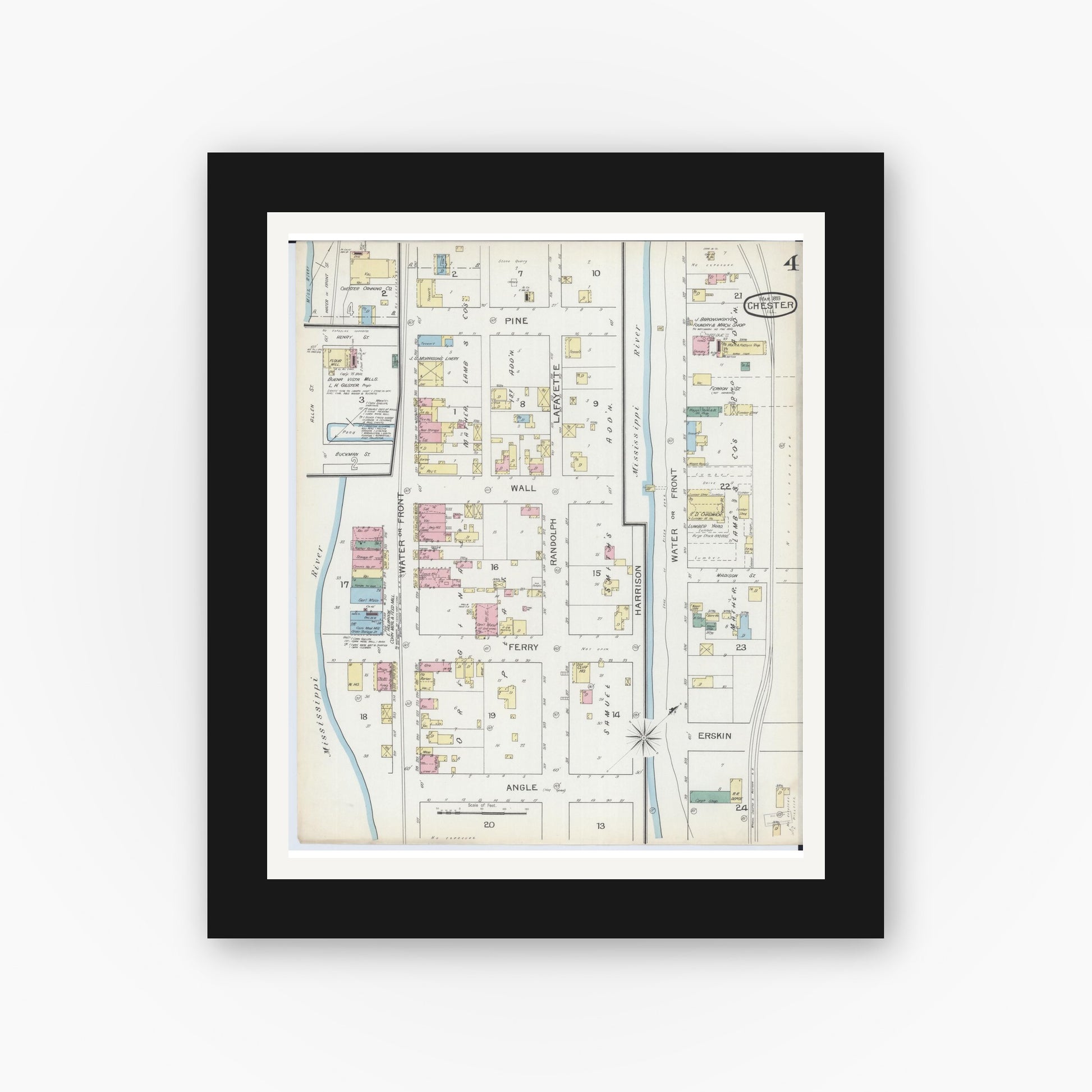 Old map wall art mockup — black gallery frame with white mat — Sanborn Fire Insurance Map from Chester, Randolph County, Illinois (1886), Sheet #0004