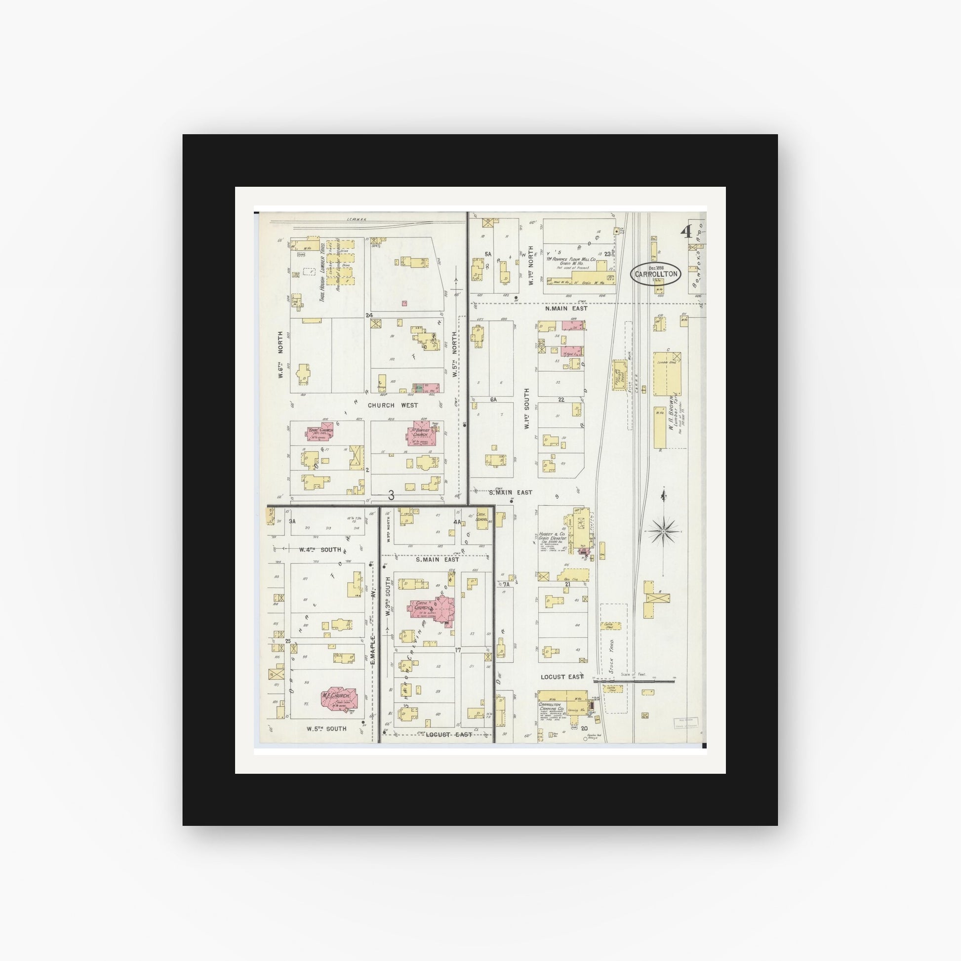 Old map wall art mockup — black gallery frame with white mat — Sanborn Fire Insurance Map from Carrollton, Greene County, Illinois (1898), Sheet #0004