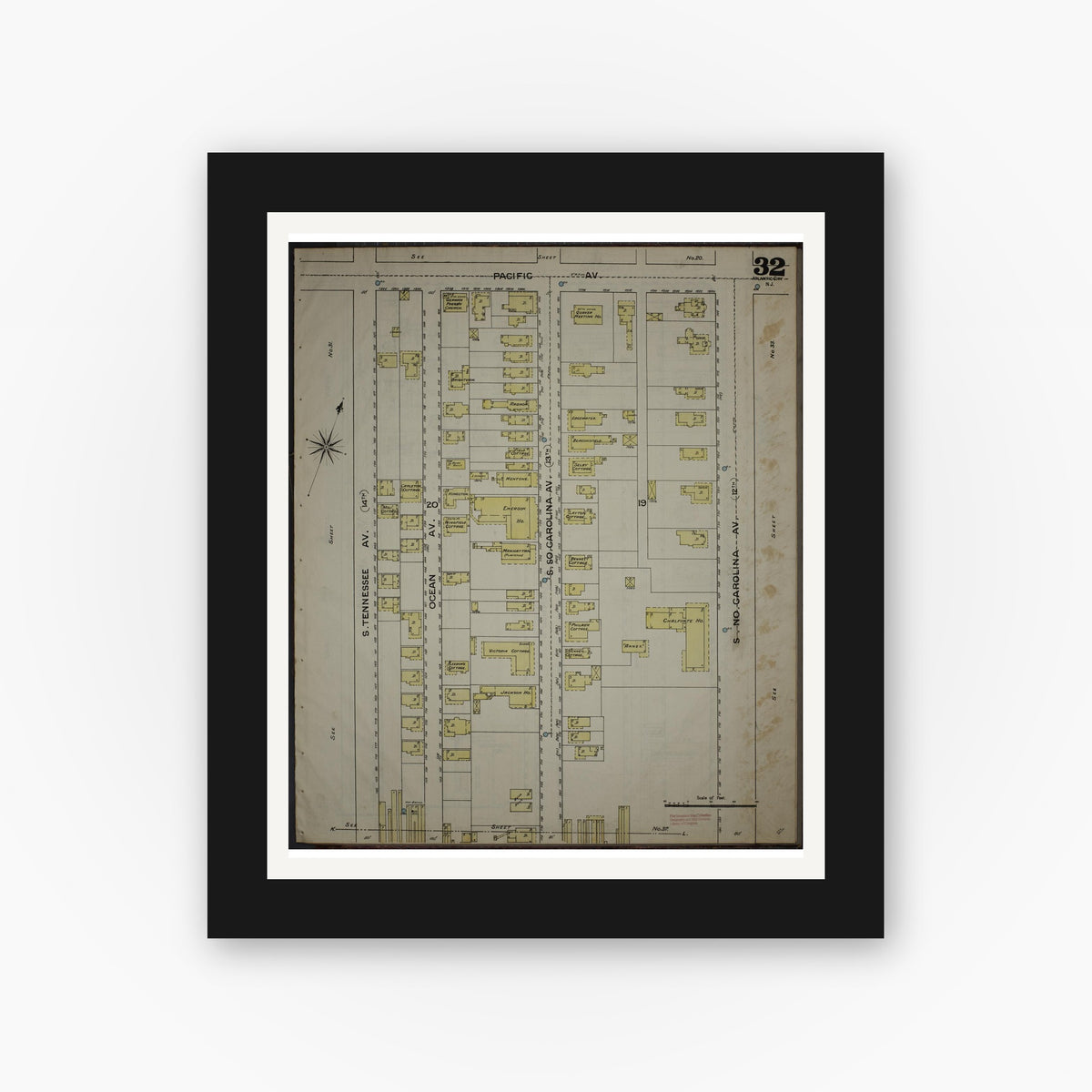 Old map wall art mockup — black gallery frame with white mat — Sanborn Fire Insurance Map from Atlantic City, Atlantic County, New Jersey (1886), Sheet #0032