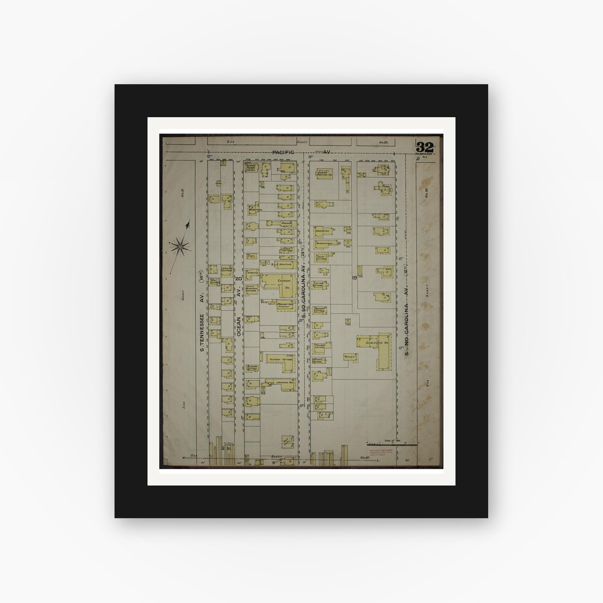 Old map wall art mockup — black gallery frame with white mat — Sanborn Fire Insurance Map from Atlantic City, Atlantic County, New Jersey (1886), Sheet #0032