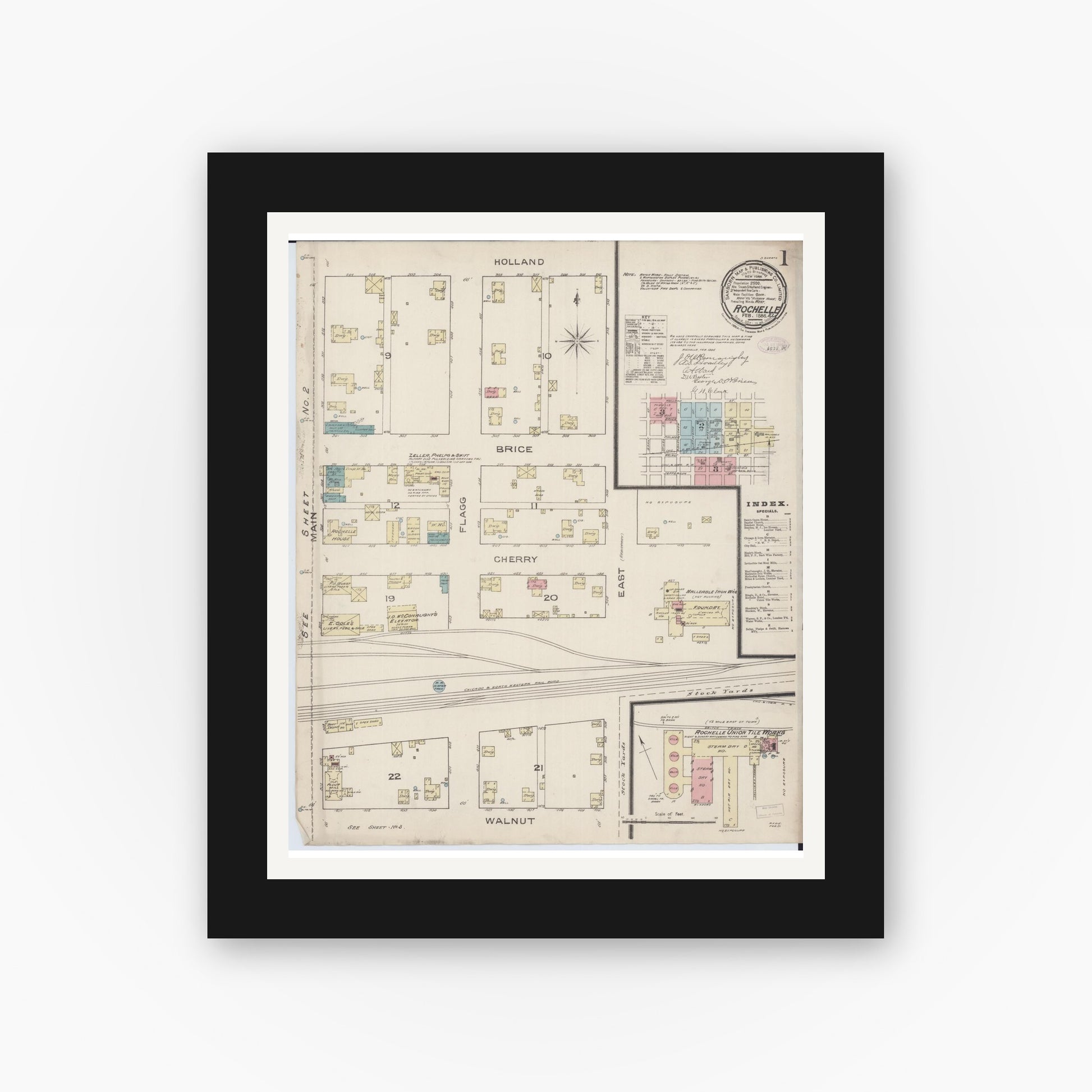 Old map wall art mockup — black gallery frame with white mat — Sanborn Fire Insurance Map from Rochelle, Ogle County, Illinois (1886) - Complete Map Set