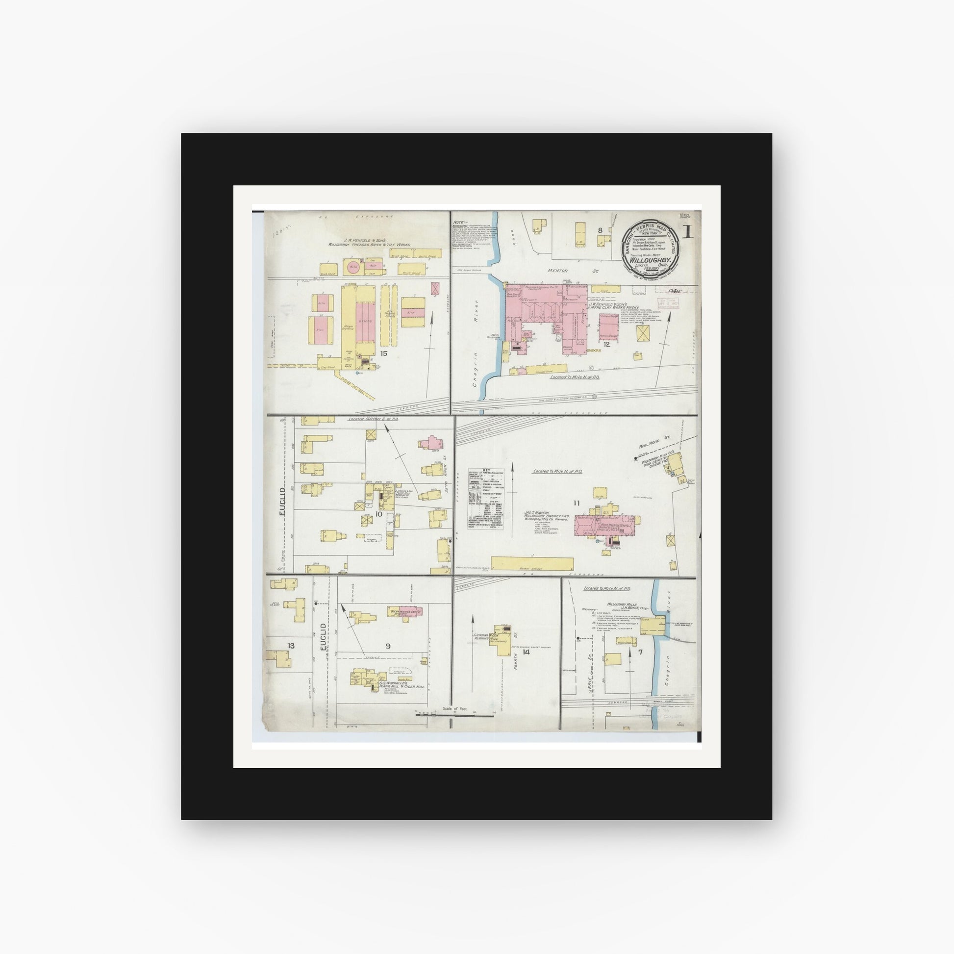 Old map wall art mockup — black gallery frame with white mat — Sanborn Fire Insurance Map from Willoughby, Lake County, Ohio (1893), Sheet #0001