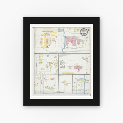 Old map wall art mockup — black gallery frame with white mat — Sanborn Fire Insurance Map from Willoughby, Lake County, Ohio (1893), Sheet #0001