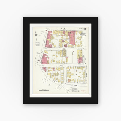 Old map wall art mockup — black gallery frame with white mat — Sanborn Fire Insurance Map from Peekskill, Westchester County, New York (1911), Sheet #0012