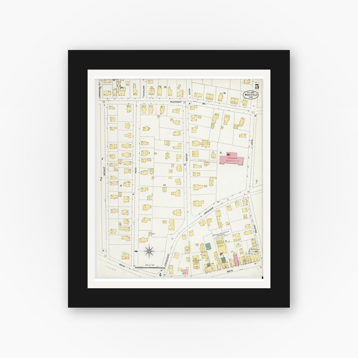Old map wall art mockup — black gallery frame with white mat — Sanborn Fire Insurance Map from Wakefield, Middlesex County, Massachusetts (1903), Sheet #0005