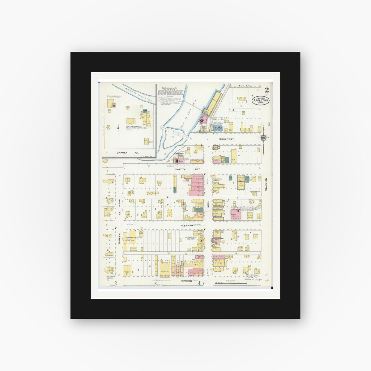 Old map wall art mockup — black gallery frame with white mat — Sanborn Fire Insurance Map from Appleton, Swift County, Minnesota (1909), Sheet #0002
