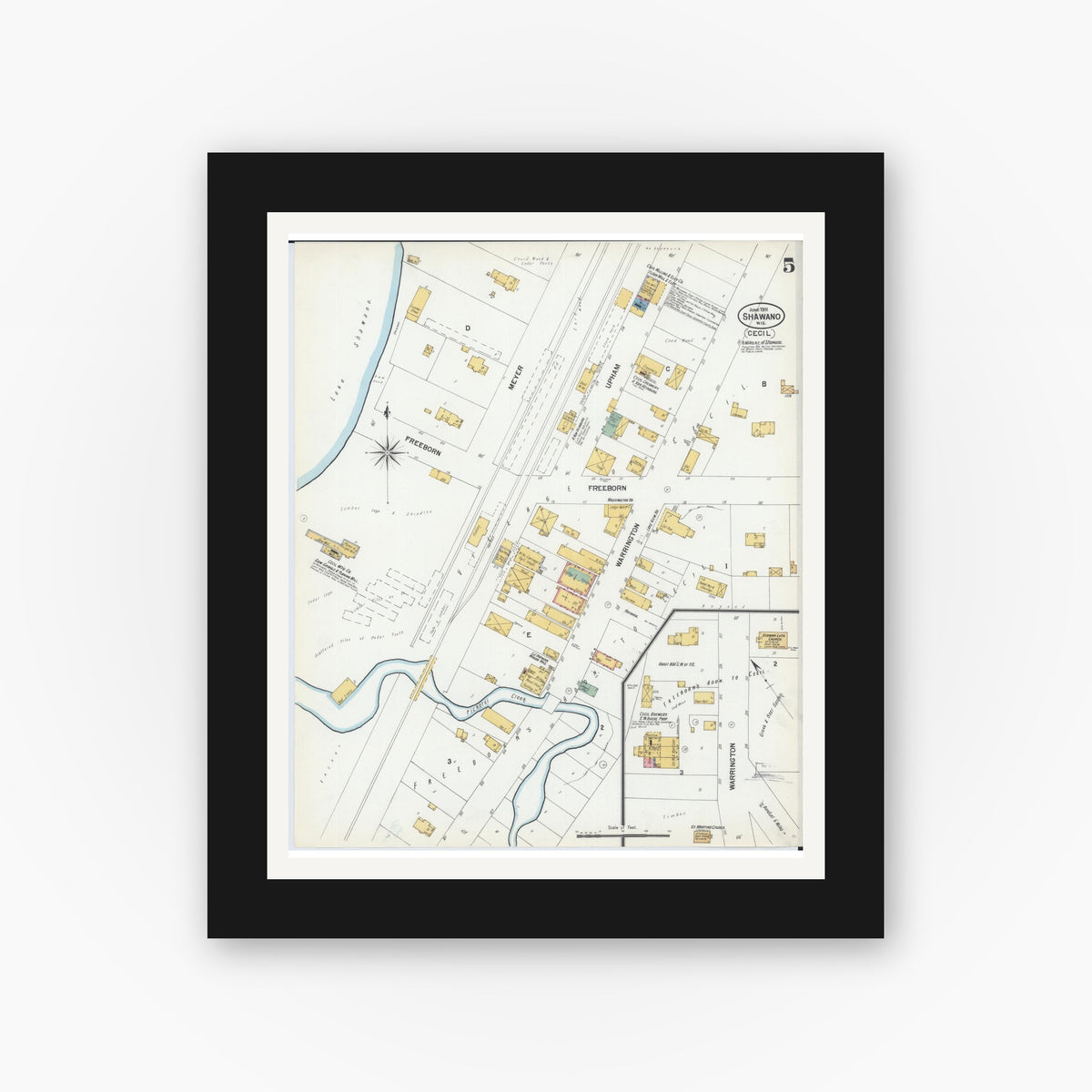 Old map wall art mockup — black gallery frame with white mat — Sanborn Fire Insurance Map from Shawano, Shawano County, Wisconsin (1901), Sheet #0005