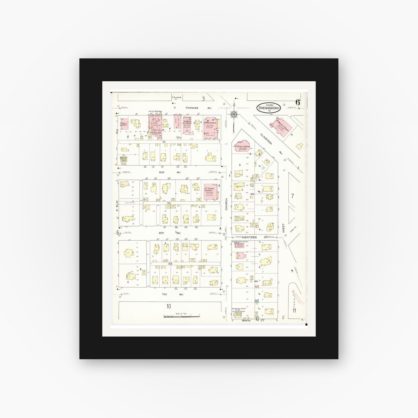 Old map wall art mockup — black gallery frame with white mat — Sanborn Fire Insurance Map from Shenandoah, Page County, Iowa (1914), Sheet #0006