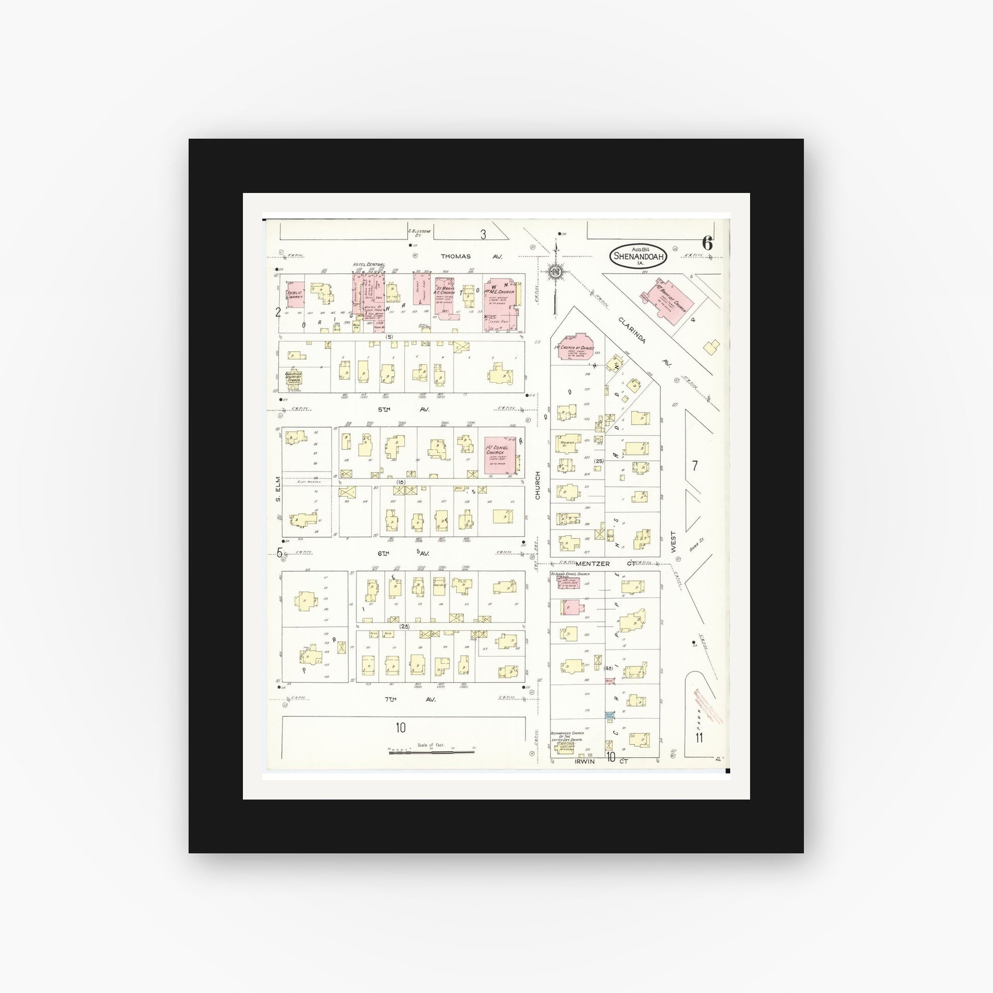 Old map wall art mockup — black gallery frame with white mat — Sanborn Fire Insurance Map from Shenandoah, Page County, Iowa (1914), Sheet #0006