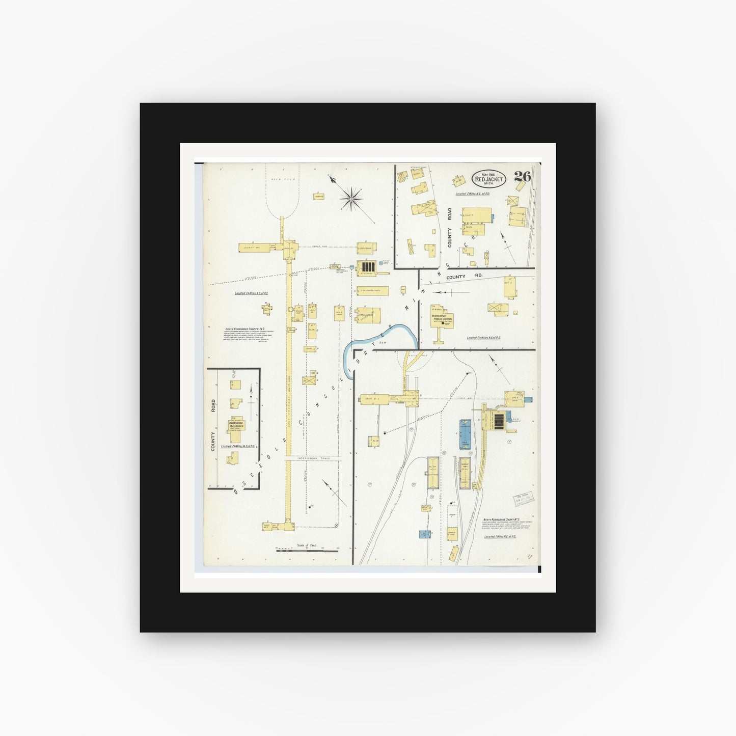 Old map wall art mockup — black gallery frame with white mat — Sanborn Fire Insurance Map from Red Jacket, Houghton County, Michigan (1908), Sheet #0026