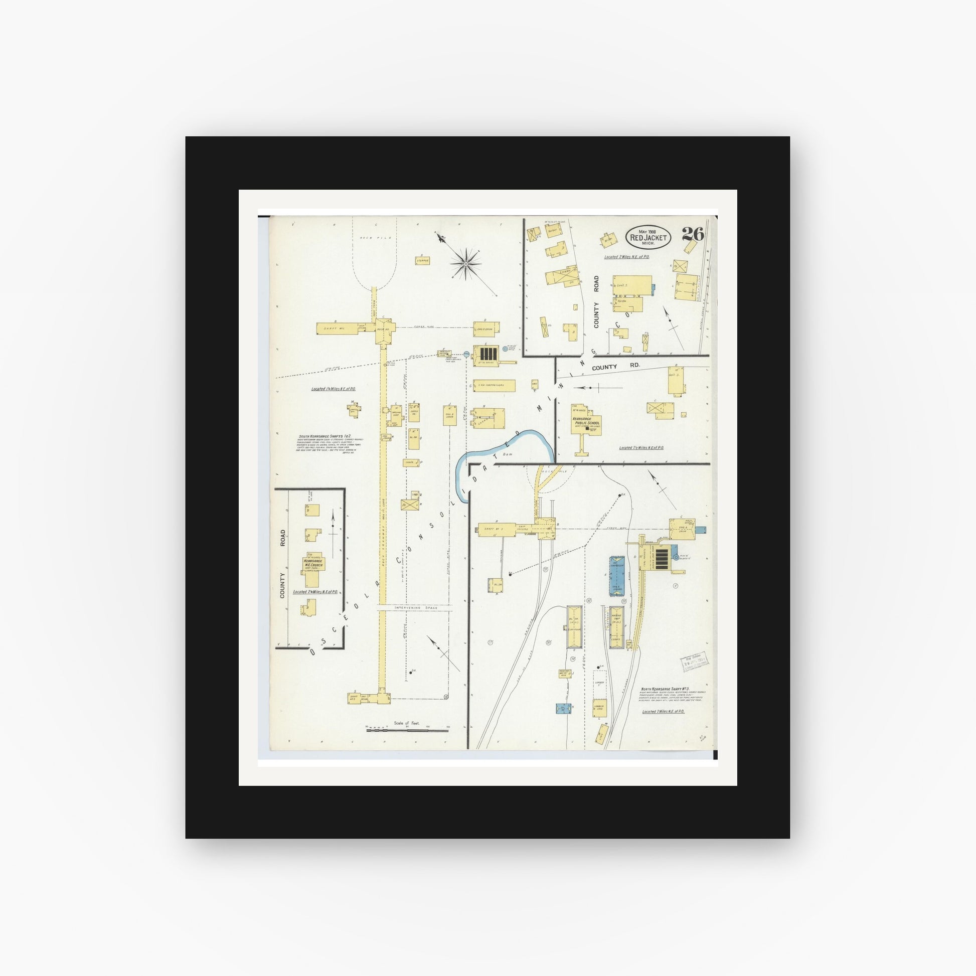 Old map wall art mockup — black gallery frame with white mat — Sanborn Fire Insurance Map from Red Jacket, Houghton County, Michigan (1908), Sheet #0026