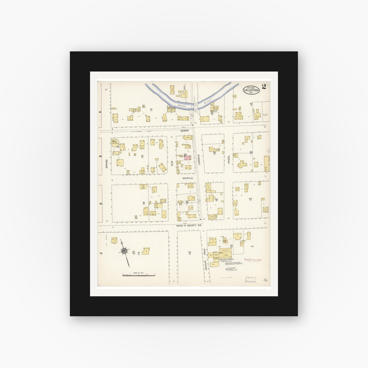 Old map wall art mockup — black gallery frame with white mat — Sanborn Fire Insurance Map from Calistoga, Napa County, California (1910), Sheet #0002