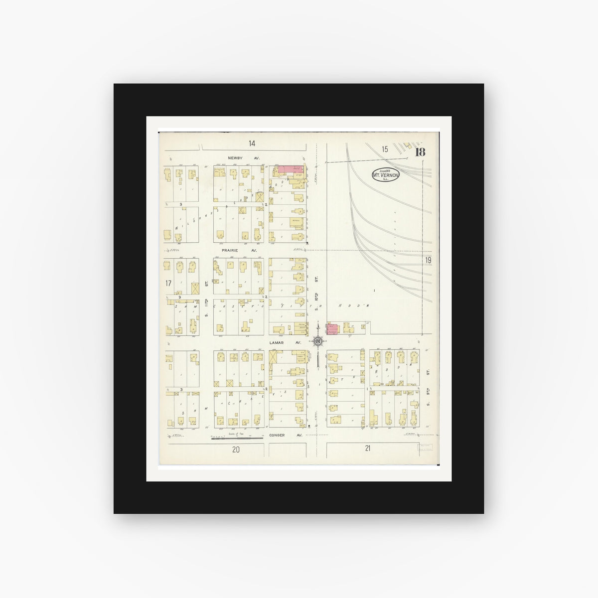 Old map wall art mockup — black gallery frame with white mat — Sanborn Fire Insurance Map from Mount Vernon, Jefferson County, Illinois (1913), Sheet #0018
